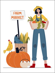 Farmer woman in modern style.  Farm Market or Eat Local concept.   Buy fresh organic products from the local farmer’s market. Оrganic production cartoon vector illustration