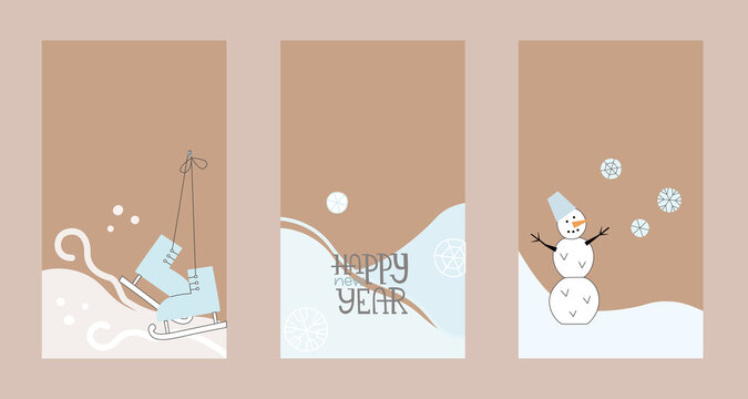 Cards set on craft background. Vector banner for phone screen, stories with simple snowman, lettering Happy new year, scate