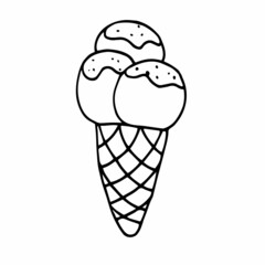 Three scoops of ice cream in a waffle cone. Black and white vector doodle. Hand drawn simple isolated.