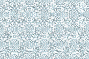 Geometric volumetric convex ethnic white 3D pattern, abstract cover design. Embossed blue background, arabesque. Cut paper effect, openwork lace texture. Oriental, Indonesian, Asian motives.