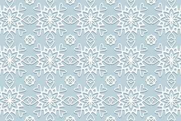 Geometric volumetric convex ethnic white 3D pattern with hearts, cover design. Embossed blue background, arabesque. Cut paper effect, openwork lace texture. Oriental, Indonesian, Asian motives.