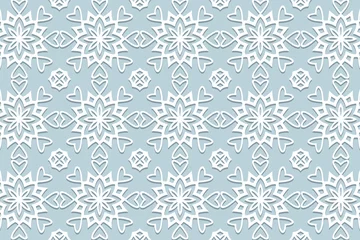 Gardinen Geometric volumetric convex ethnic white 3D pattern with hearts, cover design. Embossed blue background, arabesque. Cut paper effect, openwork lace texture. Oriental, Indonesian, Asian motives. ©  swetazwet