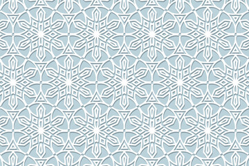 Geometric volumetric convex ethnic white 3D pattern, elegant cover design. Embossed blue background, arabesque. Cut paper effect, openwork lace texture. Oriental, Indonesian, Asian motives.