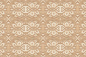 Geometric volumetric convex ethnic 3D pattern. Embossed original beige background. Cut paper effect, openwork lace texture, arabesque. Oriental, Indonesian, Asian motives.