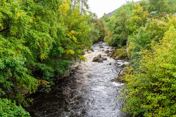View of Clunie Water river in Aberdeenshire, Scotland. It is a tributary of the River Dee, joining the river at Braemar.