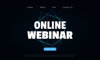Online webinar landing page template. White text on black minimal background with neon lights pattern. Business conference announcement design banner, poster, placard, flyer. Vector illustration