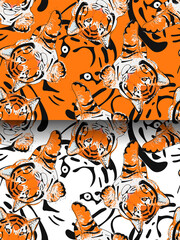 Seamless pattern set with cute tiger head on orange and white background. Chinese new year 2022 animal symbol. Fashionable fabric design, wrapping, textile print. Vector illustration