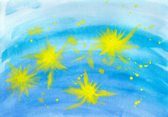 Bright elegant watercolor illustration for holiday design. Sunny golden flowers or stars on a gentle blue background. The painting creates an atmosphere of celebration, happiness and balance.