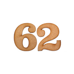 Number 62 in wood, isolated on white background