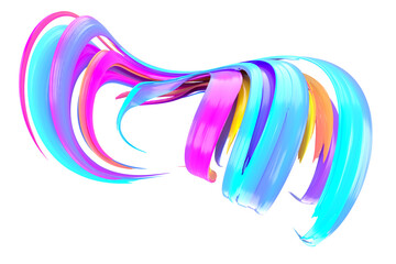 Multicolored abstract twisted brush stroke. Bright curl, artistic spiral. 3D rendering image