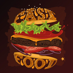 Jumping cheese burger with all its ingredients Fast food menu poster