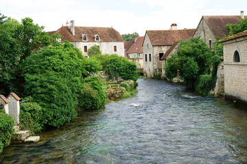 View of the river in the small ancient village of Beze in Cote D'or, France - obrazy, fototapety, plakaty