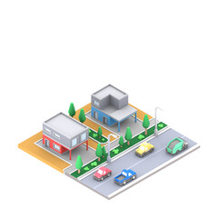 3D isometric interior rendering of city exterior
