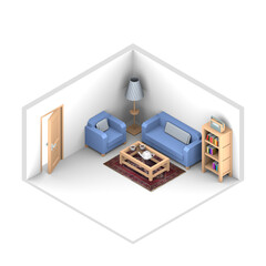 3D isometric interior rendering of living room