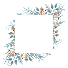 Hand drawn watercolor painting with greenery frame composed of green twigs and leaves. Foliage frame for wedding invitation or greenery border for stationery.