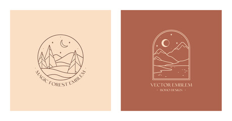 Vector linear boho emblem with abstract winter forest and snowcapped mountain landscapes.Travel logo with firs,snow hills,sea or lake,moon and stars.Modern hike,camp or ski resort label. © Xenia Artwork 