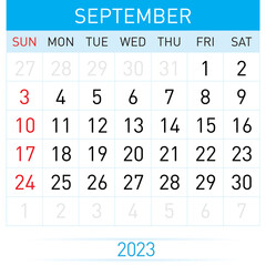 September Planner Calendar 2023. Illustration of Calendar in Simple and Clean Table Style for Template Design on White Background. Week Starts on Sunday