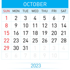 Obraz premium October Planner Calendar 2023. Illustration of Calendar in Simple and Clean Table Style for Template Design on White Background. Week Starts on Sunday