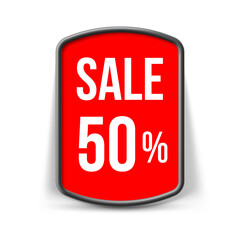 Red Promo Panel, or Button Isolated on a White Background. Template with Slogan - Sale Fifty Percent. Good for Your Websites, Blogs, or Applications
