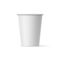 Close up of Takeaway White Blank Paper Cup Mock Up Isolated On White Backdrop. For Various Drinks, Coffee, Tea, Fresh Juice, or Ice Cream. Disposable Tableware is Used for Hot Drinks in Food Store.