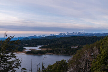 Beautiful postcard of Patagonia, lakes, mountains and dreamy views. San Carlos de Bariloche, Nahuel Huapi National Park. Argentina.