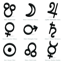 Sacred Geometry Set. 9 Planets. Jyotish or Hindu Vedic Predictive Astrology  Elements. 3D Shapes. Realistic with Shadow.  © fortunesphere