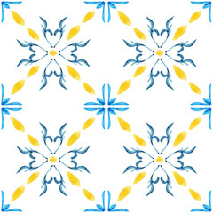 Azulejo watercolor seamless pattern. Traditional Portuguese ceramic tiles. Hand drawn abstract background. Watercolor artwork for textile, wallpaper, print, swimwear design. Blue azulejo pattern.