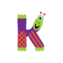 Happy Monsters Vector Alphabet Letters, for classroom poster, stickers or magnets. Letter K in funny cartoon colorful style for kids education.