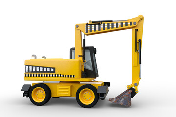 3D rendering of a yellow excavator construction vehicle with four wheels isolated on a white background.