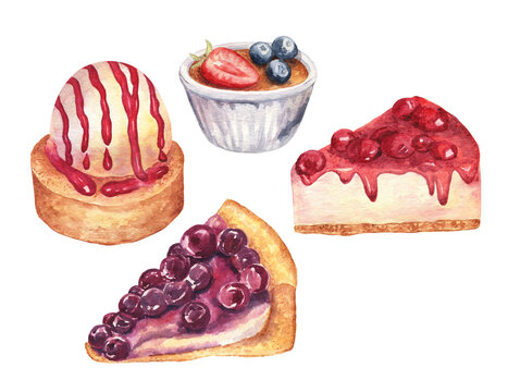 Cherry cake, cherry cheesecake, creme brulee and ice cream on biscuit. Watercolor food illustration collection isolated on white. For printing out, greeting cards, cafe design, stickers, scrapbooking.