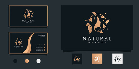 Natural beauty woman logo design with combined leaf and face concept for beauty salon Premium vekto