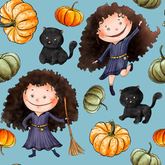 Cute halloween girl in witch costume with pet black cat and colorful pumpkins seamless pattern