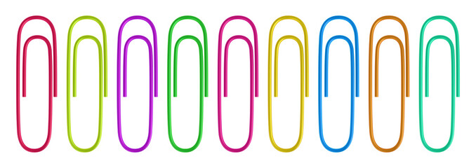 Realistic colored metal vector paper clips set.
