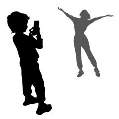 2 vector silhouettes. Girl posing with arms outstretched to the sides. Black silhouette of a little boy, a child stands on the phone to his mother.