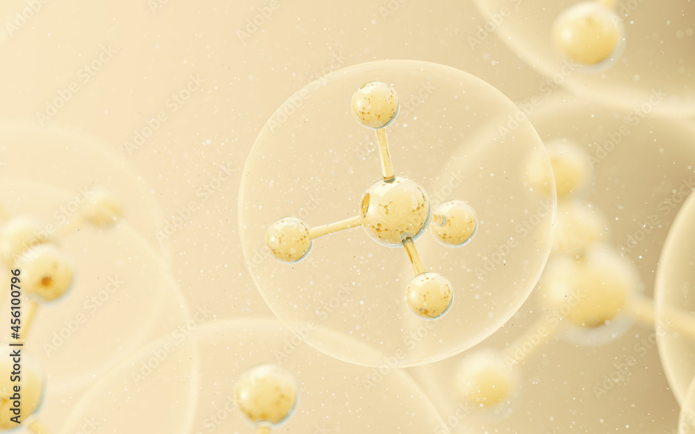 Sticker Cell structure with golden background, 3d rendering.