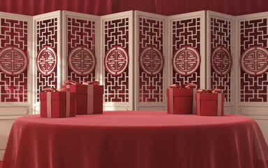 Chinese style empty room and screen, 3d rendering.