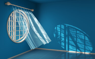 Empty room with blowing curtain, interior background, 3d rendering.