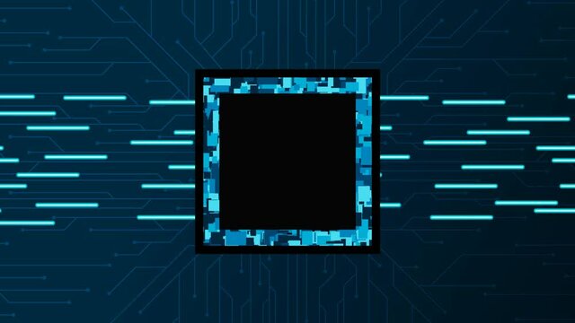 Advanced Technology Concept Visualization: Circuit Board CPU Processor Microchip. Digital Lines Move Data. 4K seamless loop video footage