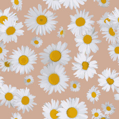 Fototapeta premium Seamless pattern with chamomile flowers on a pink background. Vector illustration in the watercolor style. For wrapping paper, wallpaper, fabric. decoration of gifts, wrapping paper, etc.