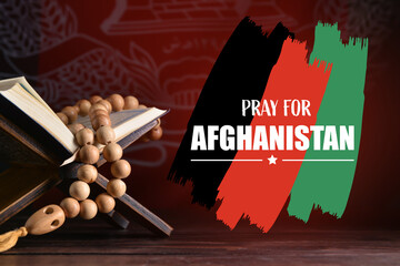 Quran and tasbih with text PRAY FOR AFGHANISTAN