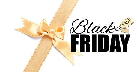 Golden ribbon with bow and text BLACK FRIDAY SALE on white background