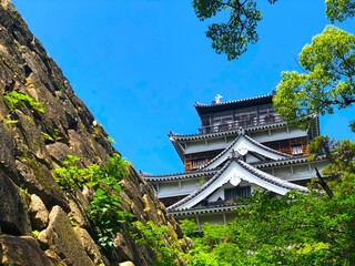 Fototapeta premium 青空と広島城（天守閣と石垣）、広島市