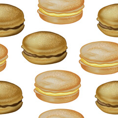 Digital illustration of food seamless pattern: hamburgers, burgers, sandwiches, burgers, chicken, burger on a white background. High quality illustration