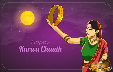 happy karwa chauth celebration banner greeting card with indian woman