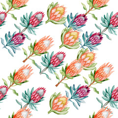 Flower Proteas Watercolor by Hand Seamless Pattern for Fabric, For Scrapbooking, For Wallpaper