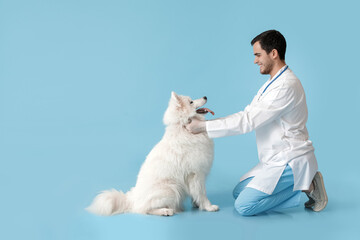 Veterinarian with cute dog on color background