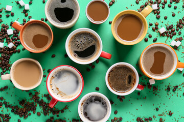 Cups of tasty coffee, beans and sugar on color background