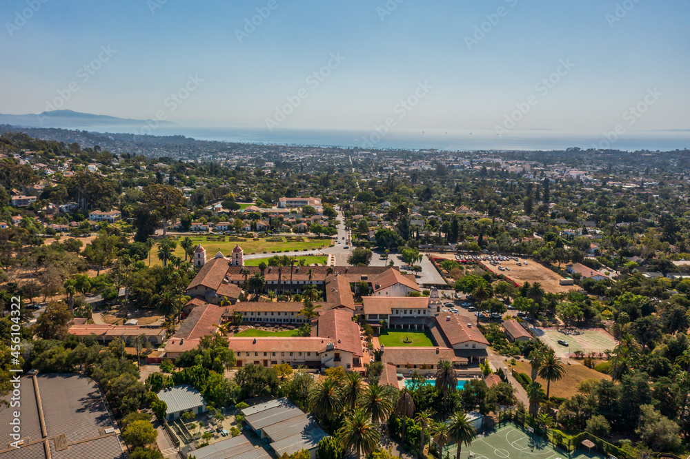 Wall mural Drone photo of Old Mission in Santa Barbara, California, with ocean view