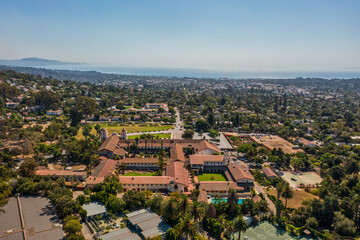 Drone photo of Old Mission in Santa Barbara, California, with ocean view