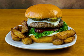 turkey burgertop with swiss cheese and pickles